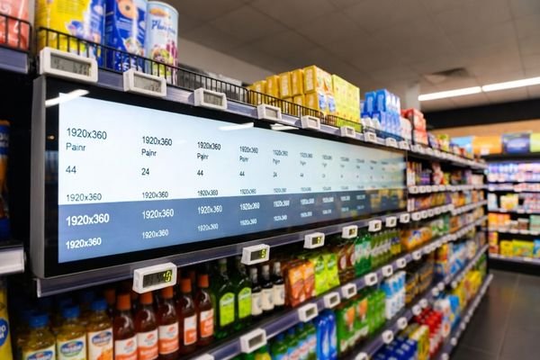Ultra-wide bar LCD display (1920x360) installed on a smart retail shelf in a US supermarket, used for digital signage and product information.