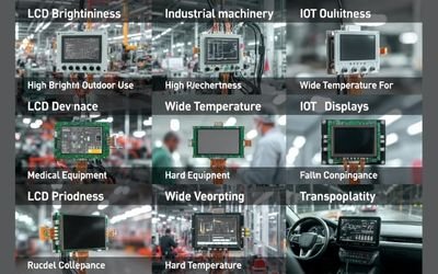 Collage of different industries using LCD displays, showing unique requirements in industrial, medical, IoT, and transportation applications.