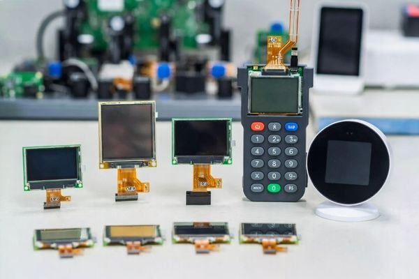 Various customized LCD display modules of different sizes and shapes placed on an engineering test bench, showing prototypes, FPC flex cables, and device integration samples.