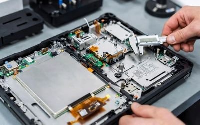 Engineer comparing a standard LCD module with a device where the screen does not fit, highlighting mismatch in size and connectors.