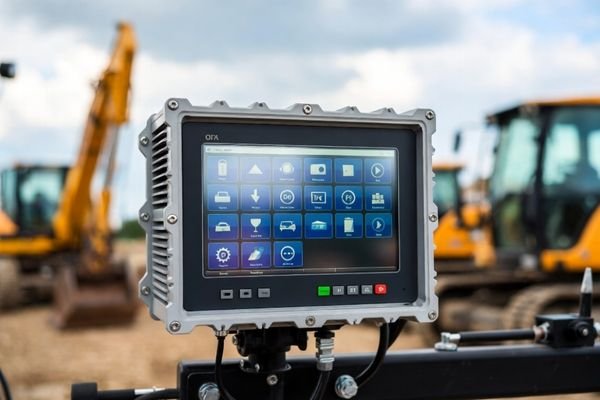 High-brightness industrial LCD module mounted on construction machinery, showing a clear control interface under strong outdoor light.
