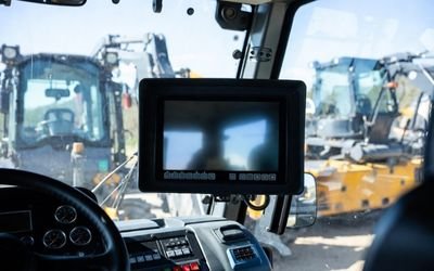Construction vehicle cockpit equipped with high brightness LCD instrument display.