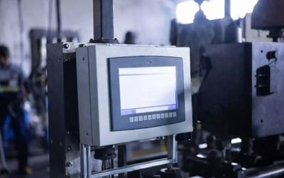 Industrial HMI control panel featuring a high brightness LCD display on factory equipment.