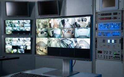 Security monitoring workstation using high brightness LCD for clear surveillance display.