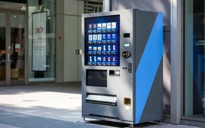 Outdoor vending machine with a high brightness LCD display for clear daylight visibility.