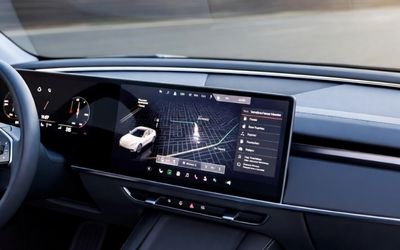 Ultra-wide bar LCD display integrated into a modern car dashboard showing navigation and vehicle data.