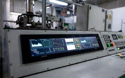 Bar-type LCD display integrated into an industrial control panel showing technical data and system status.