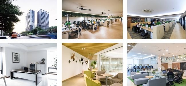 Corporate office building and modern office interiors of an LCD display module company, including workspace, meeting areas, reception, and employee working environment.