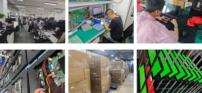 LCD display module manufacturing and testing scenes including assembly line, PCB debugging, module inspection, warehouse inventory, and bar-type LCD display aging test racks.