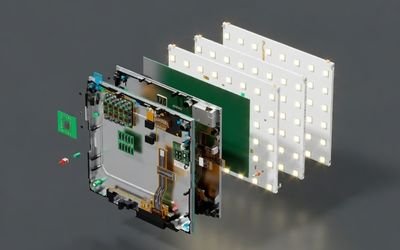Exploded view of an LCD module with LED high-brightness backlight layer
