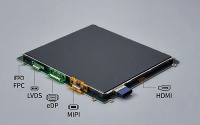 Bare LCD module with FPC connectors labeled LVDS, eDP, MIPI, and HDMI.