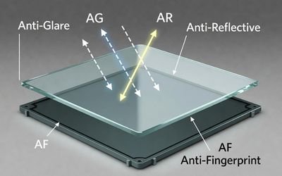 LCD module with AG, AR, and AF coating effects illustrated with light ray reduction.