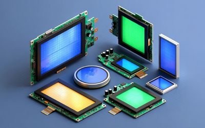 Bare LCD modules in multiple sizes and aspect ratios with visible FPC cables.