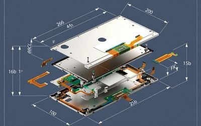 Exploded view showing LCD module structure, metal frame, mounting holes, and FPC direction.