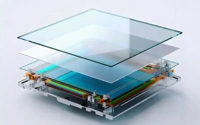 Layered LCD module illustration with cover glass, OCA bonding, and touch panel stack.