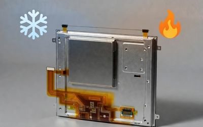 Industrial LCD module with wide-temperature icons for low and high temperature.