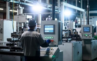 Industrial HMI control panel featuring a square LCD display module on a production line.