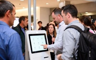 Self-service kiosk using a square LCD display module in a modern retail environment.