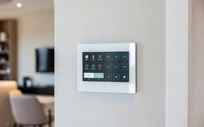Smart home wall-mounted central control panel with a square LCD screen.