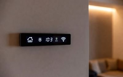 Smart home wall-mounted control panel featuring a slim bar LCD status display.