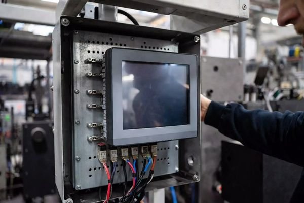Square industrial LCD module (1280x1280) installed on German automation equipment control panel, high-brightness display for industrial use.