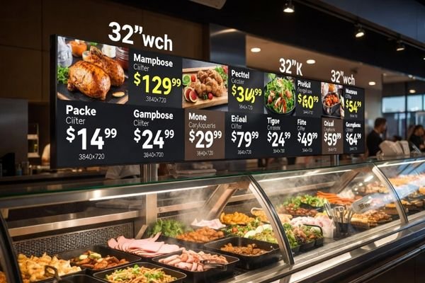 32 inch stretched display showing pricing and promotions above a deli counter, high brightness 1500 nits bar LCD for supermarket food displays