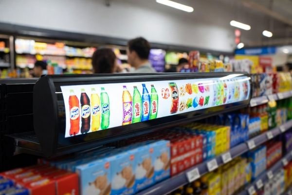 32 inch stretched display showing promotional ads on a supermarket shelf, ultra-wide 3840x720 bar LCD for retail advertising