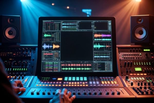 33.2 inch square TFT LCD module embedded in an audio and video production console displaying waveforms and preview windows