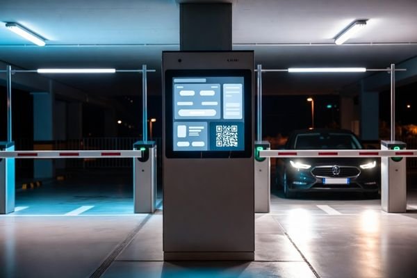 33.2 inch square TFT LCD module on a smart parking entrance terminal showing car information and QR payment interface
