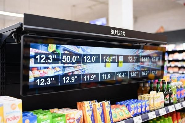BU123X ultra-wide bar display used as a retail shelf digital signage showing pricing and product labels
