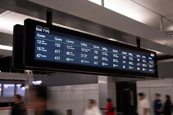 Ultra-wide bar display used in a station queue calling system showing queue numbers and service information