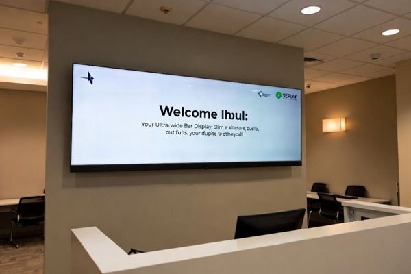 Bar LCD display at a corporate reception area showing a welcome message.