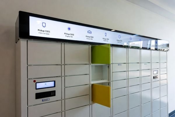 Bar LCD display used in a smart parcel locker showing pickup information.