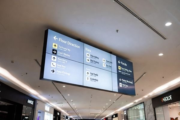 Bar LCD display mounted in a shopping mall corridor for wayfinding and directory guidance.