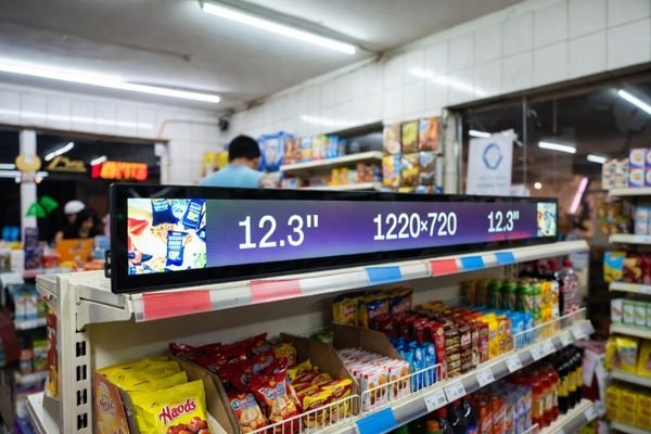 slim bar lcd module mounted on grocery store shelf edge in brazil