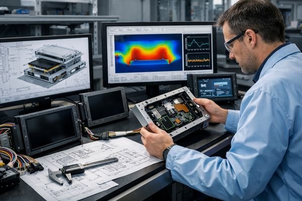 Engineer inspecting a custom industrial LCD display module in an R&D lab, with multiple LCD screens, CAD drawings, and thermal and EMI analysis on monitors