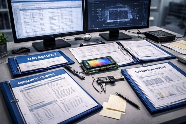 Engineering workstation with custom LCD module surrounded by datasheet, mechanical drawing and validation report binders