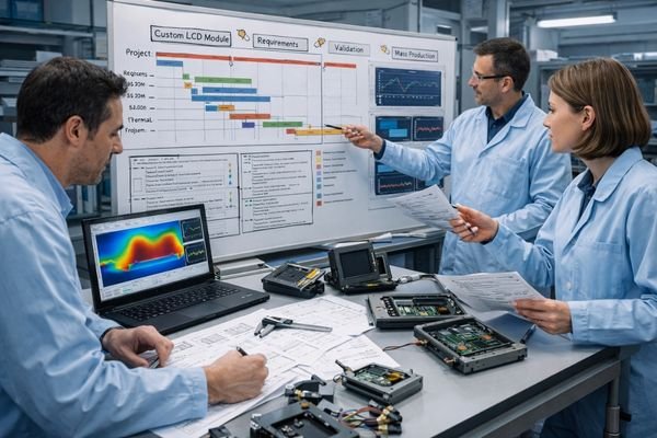 Engineering team planning custom LCD module project workflow with requirements, prototyping, validation and mass production stages on a whiteboard