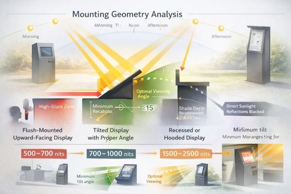 Diagram showing how sun angle, tilt, and bezel depth affect glare and perceived contrast