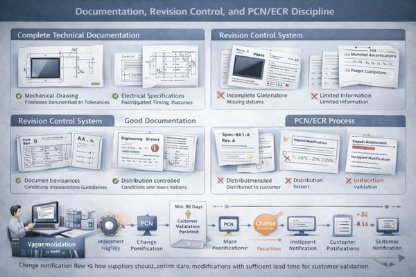 Documentation set example showing revision history, controlled drawings, and change notification flow