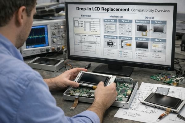 Engineer testing drop-in LCD module replacement on main board while compatibility diagram on monitor highlights electrical, mechanical and optical checks