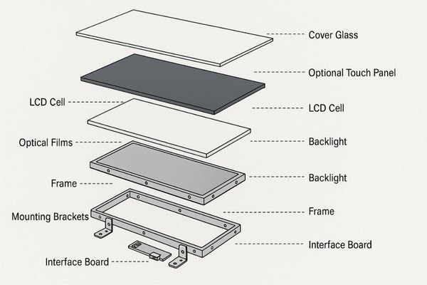 An image of an exploded lcd module showing panel, backlight, connectors, and mounting structure.