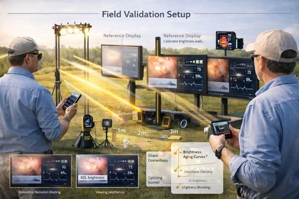 Outdoor field validation demonstrating sun-angle checks, thermal soak, and end-of-life margin planning