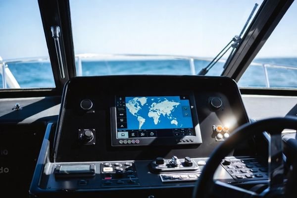 HB185X high brightness LCD module used as a marine navigation display in a boat cockpit on a sunny day at sea