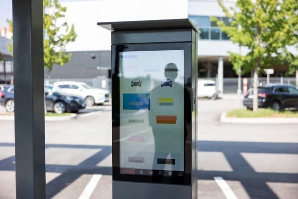 HB185X high brightness LCD module built into an outdoor parking payment and ticketing terminal in strong sunlight