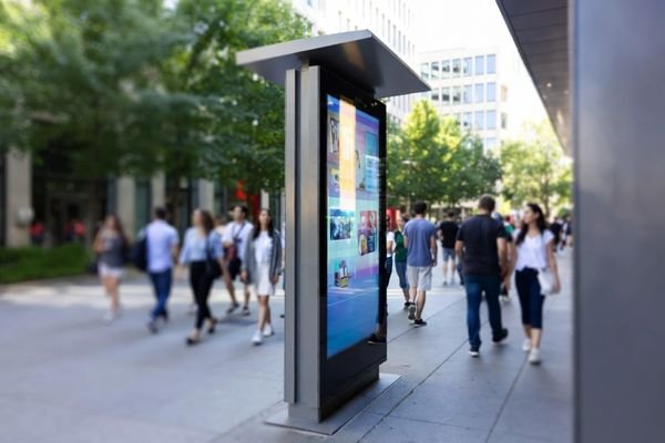 Outdoor digital signage kiosk with a high brightness LCD display on a city sidewalk in bright daylight