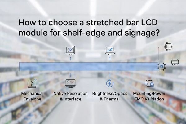 Stretched bar lcd module on retail shelf-edge with panoramic signage, showing size, interface, brightness, and validation focus