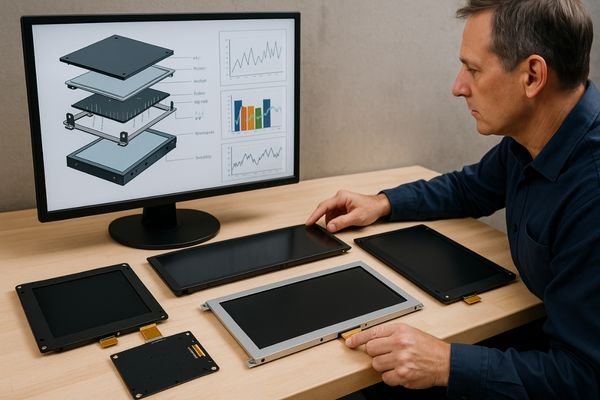 Industrial engineer evaluating multiple LCD display modules on a workbench while reviewing an exploded module diagram and performance graphs on a monitor, illustrating system-ready LCD module integration boundaries