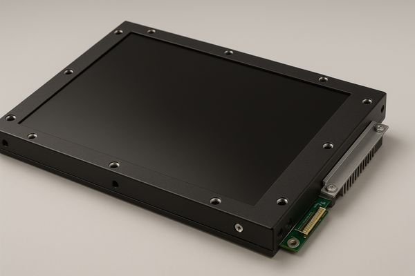 An image of an industrial lcd module with mounting points, connectors, and backlight structure.