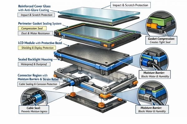 LCD module protection system design for harsh environmental conditions